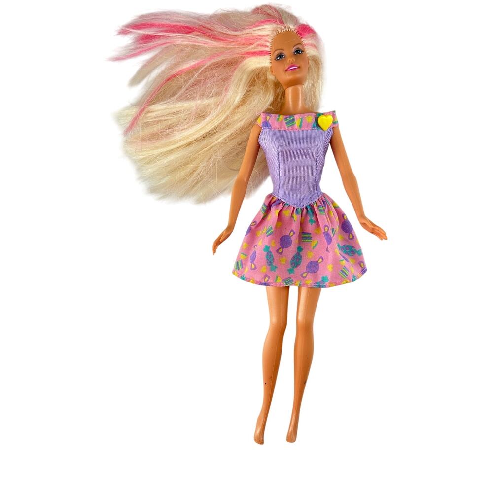 1999 Mattel Barbie Doll Blonde Pink Streaks Genuine Barbie Candy Print Dress